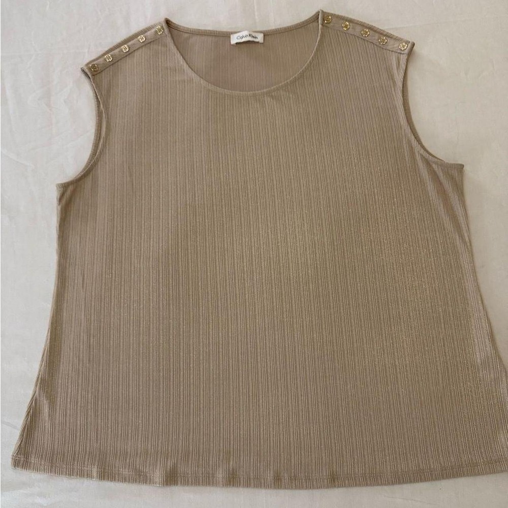 Chic and polished Calvin Klein sleeveless ribbed knit top with gold button ac...